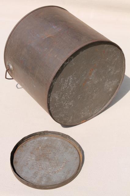 photo of old antique metal bucket, bail handle pail tin can w/ lid, 1880s embossed date #12