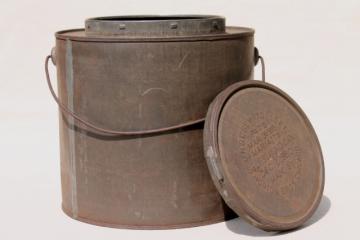 catalog photo of old antique metal bucket, bail handle pail tin can w/ lid, 1880s embossed date