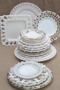 catalog photo of old & antique milk glass plates lot, lace edge pattern glass plates, very ornate