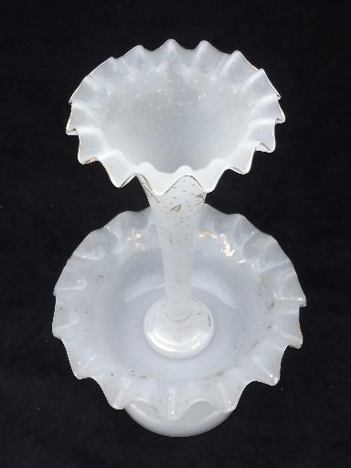 photo of old antique opalescent white glass epergne center horn vase flower bowl #2
