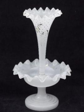 catalog photo of old antique opalescent white glass epergne center horn vase flower bowl