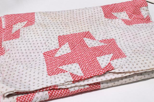 photo of old antique patchwork quilt top, 1800s vintage shirting fabric & red calico  #1