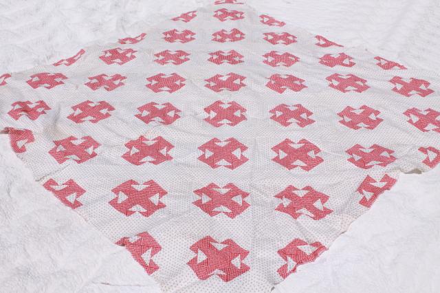 photo of old antique patchwork quilt top, 1800s vintage shirting fabric & red calico  #5