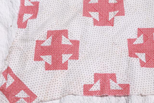 photo of old antique patchwork quilt top, 1800s vintage shirting fabric & red calico  #10