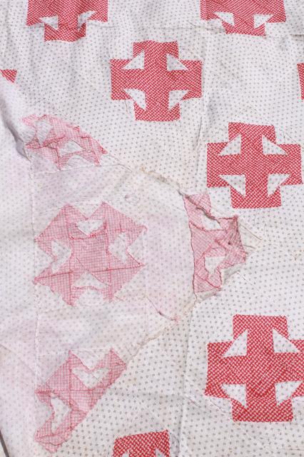 photo of old antique patchwork quilt top, 1800s vintage shirting fabric & red calico  #11