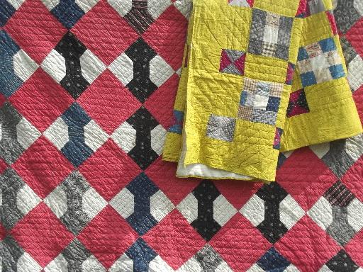 photo of old antique patchwork quilts in barn red & yellow, bow-tie & nine patch quilt #1