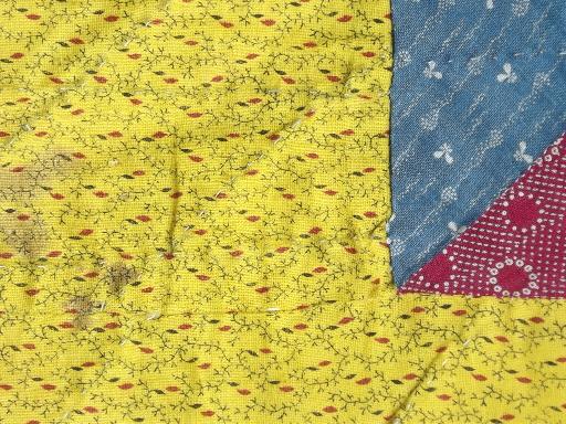 photo of old antique patchwork quilts in barn red & yellow, bow-tie & nine patch quilt #2