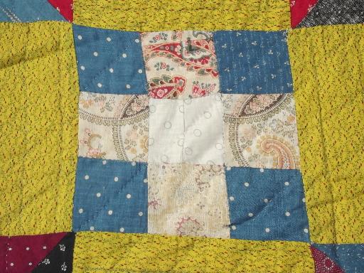 photo of old antique patchwork quilts in barn red & yellow, bow-tie & nine patch quilt #3