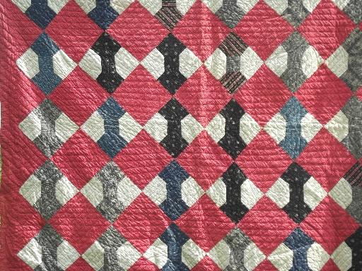 photo of old antique patchwork quilts in barn red & yellow, bow-tie & nine patch quilt #5