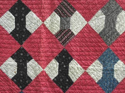 photo of old antique patchwork quilts in barn red & yellow, bow-tie & nine patch quilt #6