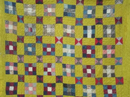 photo of old antique patchwork quilts in barn red & yellow, bow-tie & nine patch quilt #10