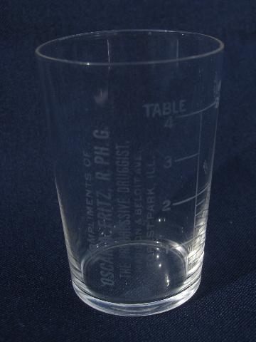 photo of old antique pharmacy medicine measure glass, Forest Park Ill druggist #2