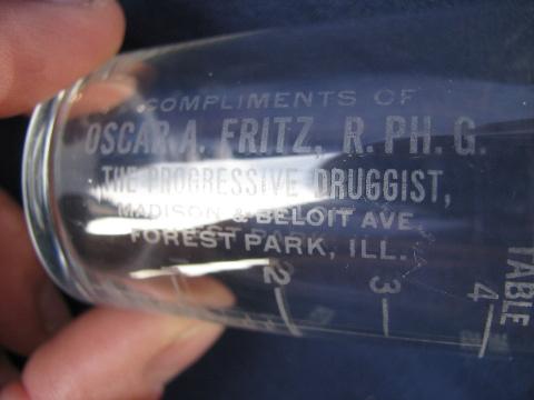 photo of old antique pharmacy medicine measure glass, Forest Park Ill druggist #4