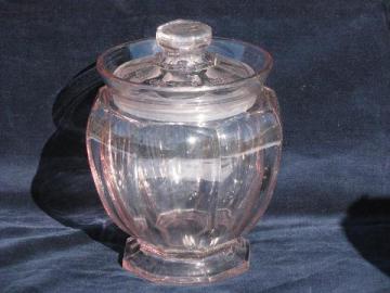 catalog photo of old antique pressed glass store counter jar, old octagon canister, sun purple