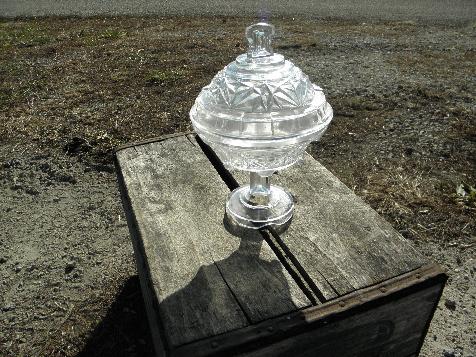 photo of old antique pressed pattern glass comport, EAPG vintage pedestal dish #1