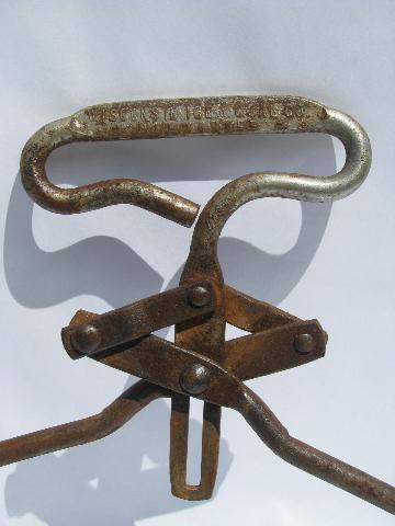 photo of old antique primitive iron ice tongs, vintage Wisconsin Ice & Coal #2