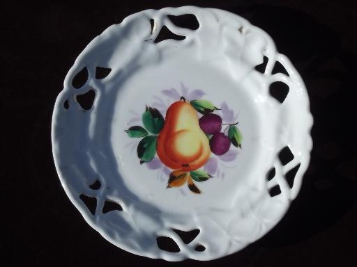 photo of old antique ribbon china plates set, openwork border, hand painted fruit #3