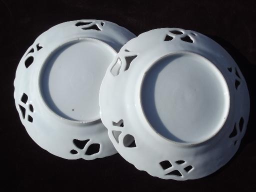 photo of old antique ribbon china plates set, openwork border, hand painted fruit #6