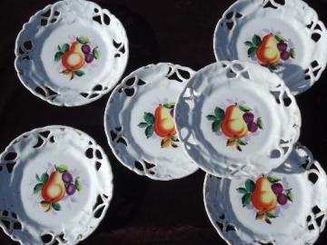 catalog photo of old antique ribbon china plates set, openwork border, hand painted fruit