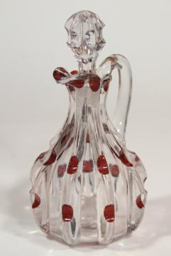 catalog photo of old antique ruby stain glass cruet, EAPG broken column pattern pressed glass