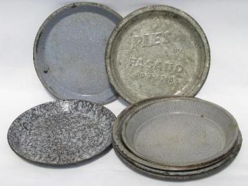 catalog photo of old antique speckled enamelware pie plates, vintage graniteware pans lot