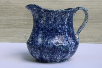 catalog photo of old antique spongeware pitcher, blue & white china cottagecore vintage country farmhouse decor 