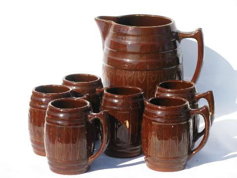 photo of old antique stoneware pottery barrel pitcher & beer steins or cider mugs #1