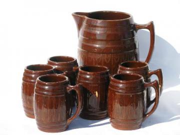 catalog photo of old antique stoneware pottery barrel pitcher & beer steins or cider mugs