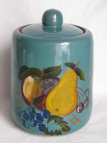 photo of old antique stoneware pottery cookie jar crock, hand-painted vintage yellow ware #1