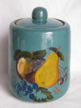 catalog photo of old antique stoneware pottery cookie jar crock, hand-painted vintage yellow ware