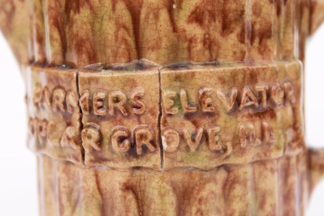 photo of old antique stoneware pottery pitcher advertising Farmers Elevator Poplar Grove Illinois #3