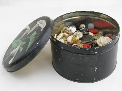 photo of old antique tin full of buttons, vintage sewing button lot, mother of pearl #1