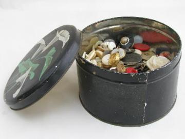 catalog photo of old antique tin full of buttons, vintage sewing button lot, mother of pearl