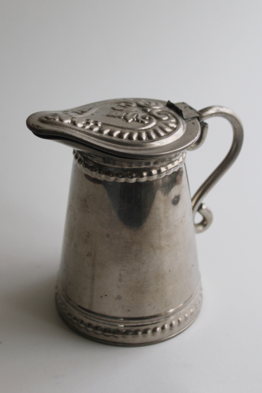 photo of old antique tinned metal pitcher with heart on hinged lid, primitive syrup pitcher  #1