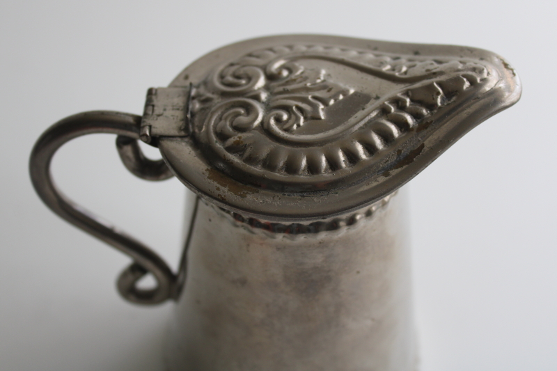 photo of old antique tinned metal pitcher with heart on hinged lid, primitive syrup pitcher  #2