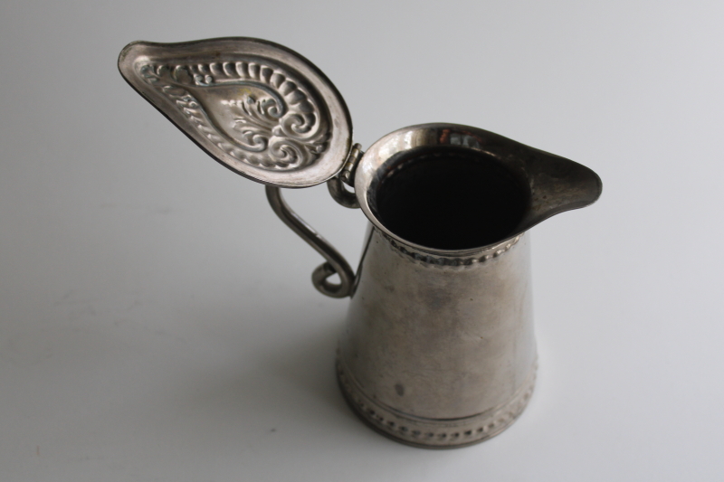 photo of old antique tinned metal pitcher with heart on hinged lid, primitive syrup pitcher  #3