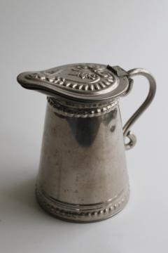 catalog photo of old antique tinned metal pitcher with heart on hinged lid, primitive syrup pitcher 