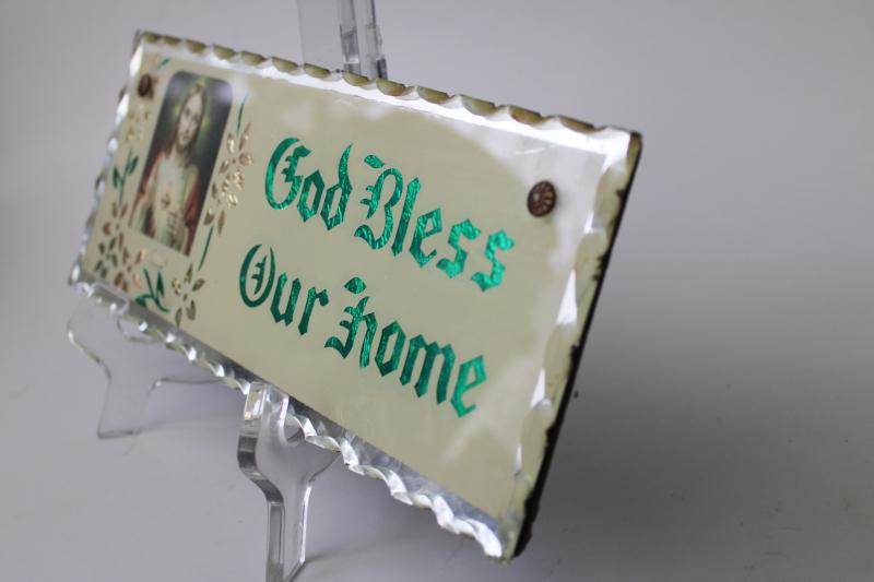 photo of old antique tinsel art mirror religious print God Bless Our home wall art picture #2