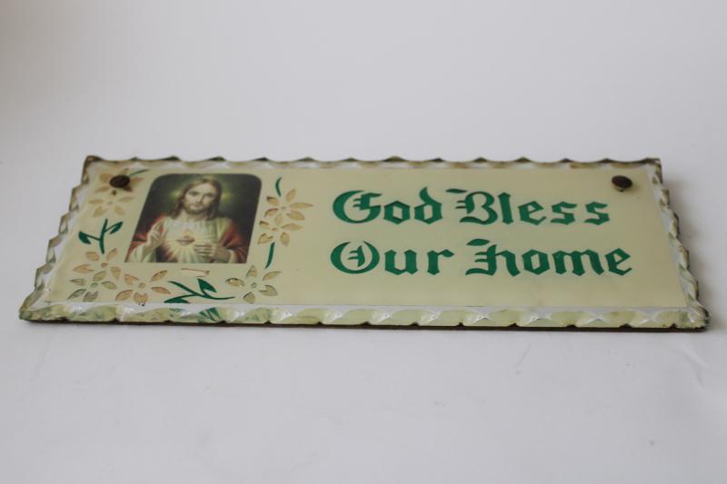 photo of old antique tinsel art mirror religious print God Bless Our home wall art picture #4