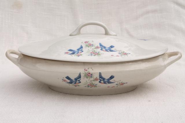 photo of old antique tureen, bluebird china oval covered bowl, early 1900s vintage #1