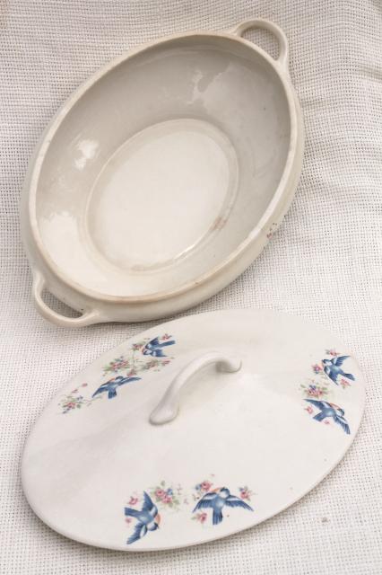photo of old antique tureen, bluebird china oval covered bowl, early 1900s vintage #4