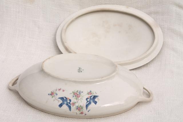 photo of old antique tureen, bluebird china oval covered bowl, early 1900s vintage #5