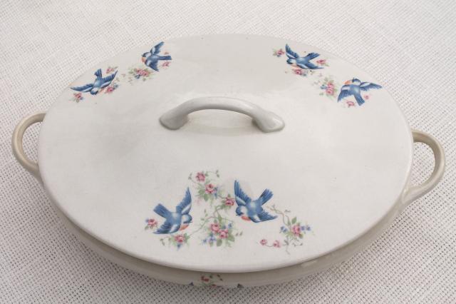 photo of old antique tureen, bluebird china oval covered bowl, early 1900s vintage #6