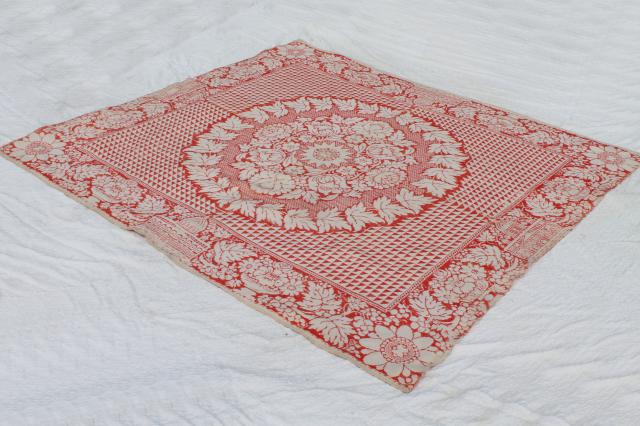 photo of old antique turkey red & white homespun coverlet bedspread, woven cotton & wool bed cover #1