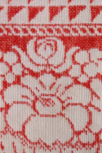 photo of old antique turkey red & white homespun coverlet bedspread, woven cotton & wool bed cover #2