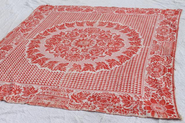 photo of old antique turkey red & white homespun coverlet bedspread, woven cotton & wool bed cover #4