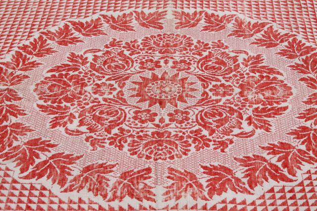 photo of old antique turkey red & white homespun coverlet bedspread, woven cotton & wool bed cover #5