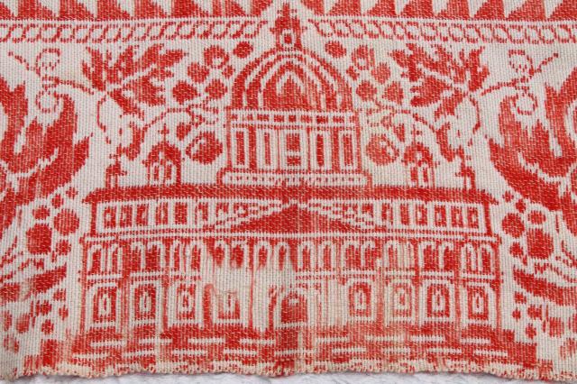 photo of old antique turkey red & white homespun coverlet bedspread, woven cotton & wool bed cover #6