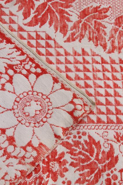 photo of old antique turkey red & white homespun coverlet bedspread, woven cotton & wool bed cover #7