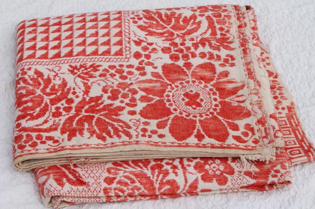 photo of old antique turkey red & white homespun coverlet bedspread, woven cotton & wool bed cover #8